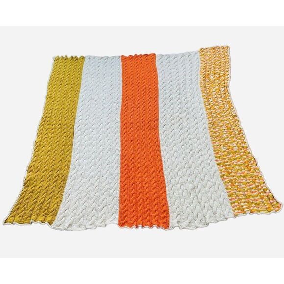 Vintage 1970s Cable Knit Handmade Afghan Throw Blanket Orange Cream Gold 67"x68" - Picture 1 of 7